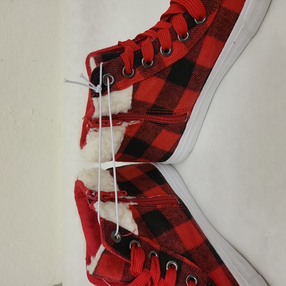 Girls Buffalo Plaid Print High Top Sneakers, red - Picture 2 of 5